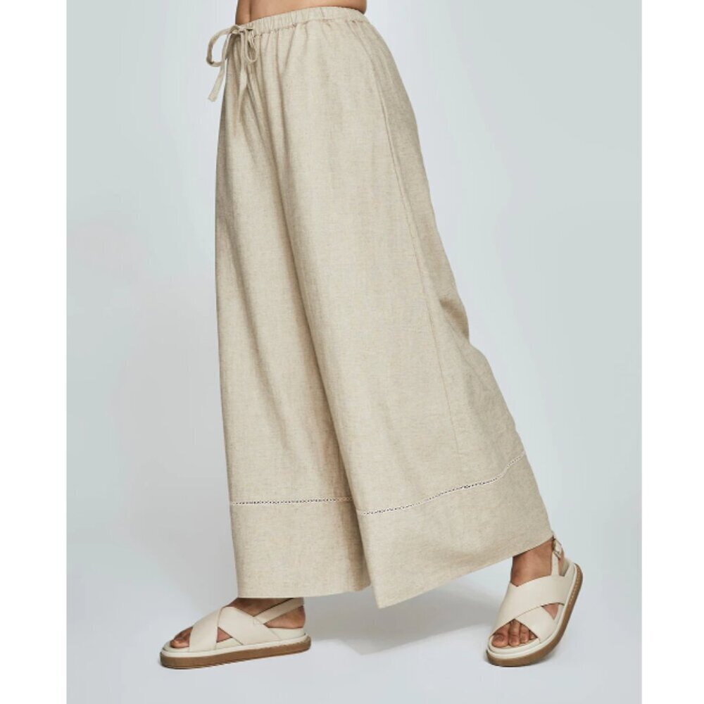 Carbon38 Tan Linen Blend Extra Wide Leg Drawstring Minimalist Pants Size M $158